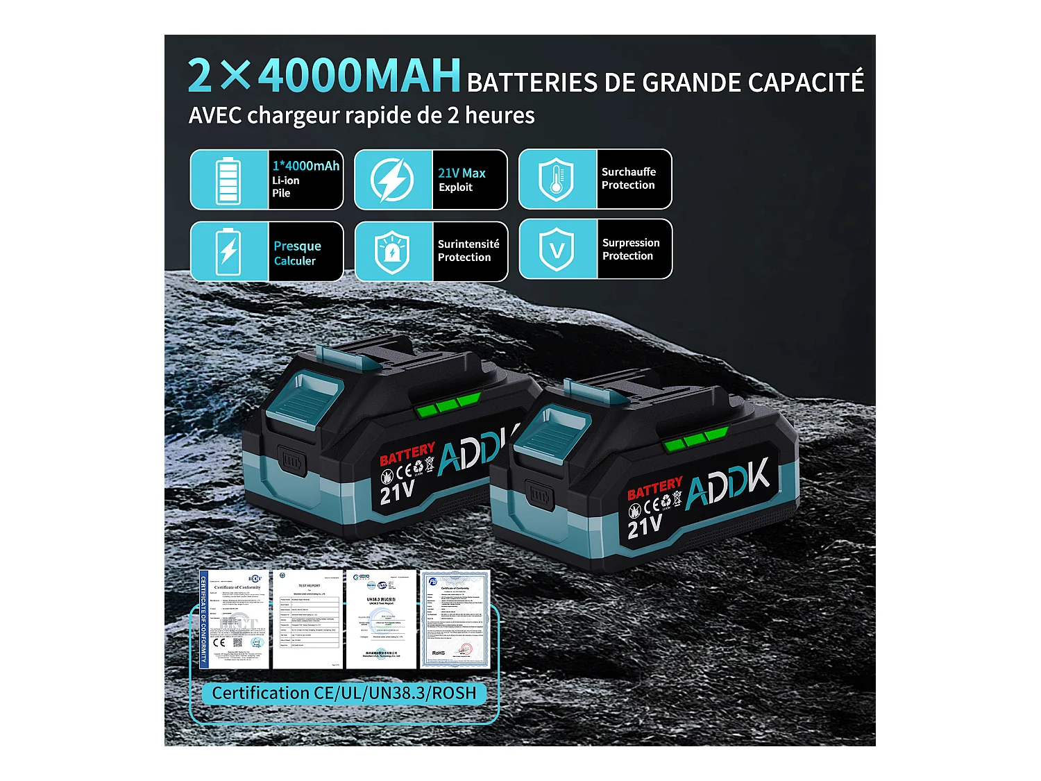 Clé à chocs sans fil Couple maxi 750N.m, batterie Li-ion 4000mAh, moteur sans balais 21V Clé à chocs électrique