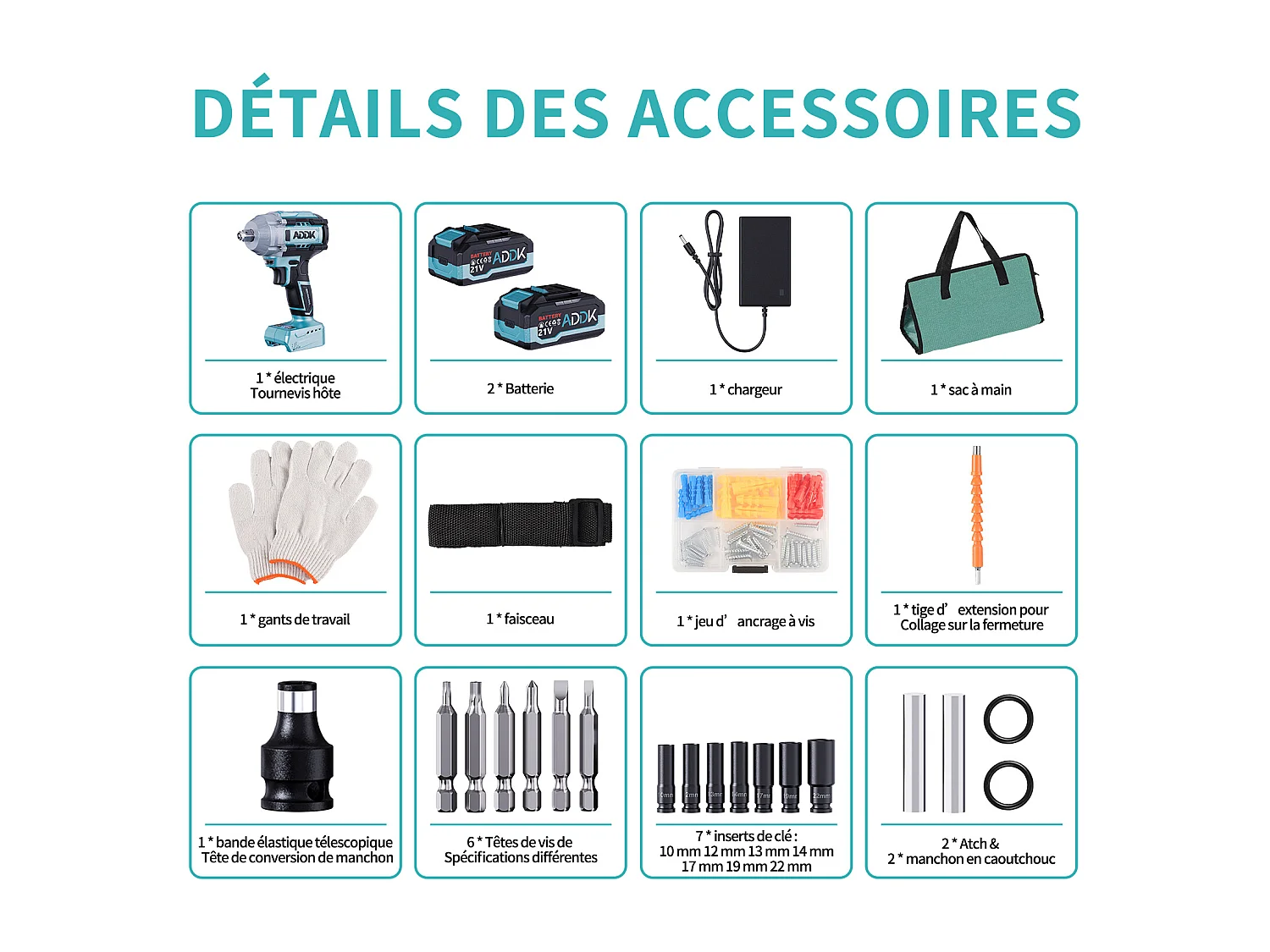 Clé à chocs sans fil Couple maxi 750N.m, batterie Li-ion 4000mAh, moteur sans balais 21V Clé à chocs électrique