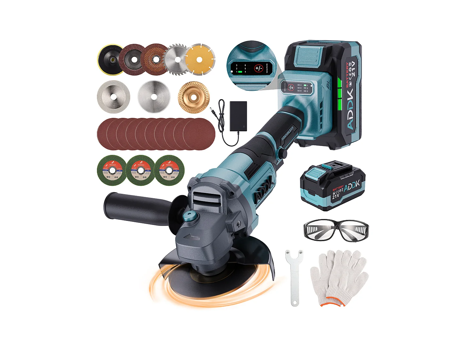 Meuleuse d'angle sans fil 125mm -2xbatterie 21 V 4,0 Ah - moteur sans balais 9 000 tr/min - 6 niveaux réglables
