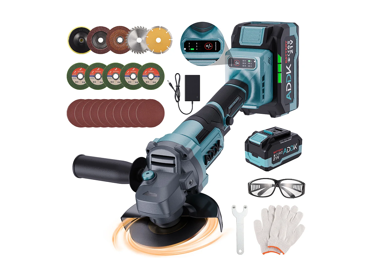 125mm snoerloze haakse slijper - 2x 21V 4.0Ah accu - 9000rpm borstelloze motor - 6 instelbare niveaus - met 13 accessoires