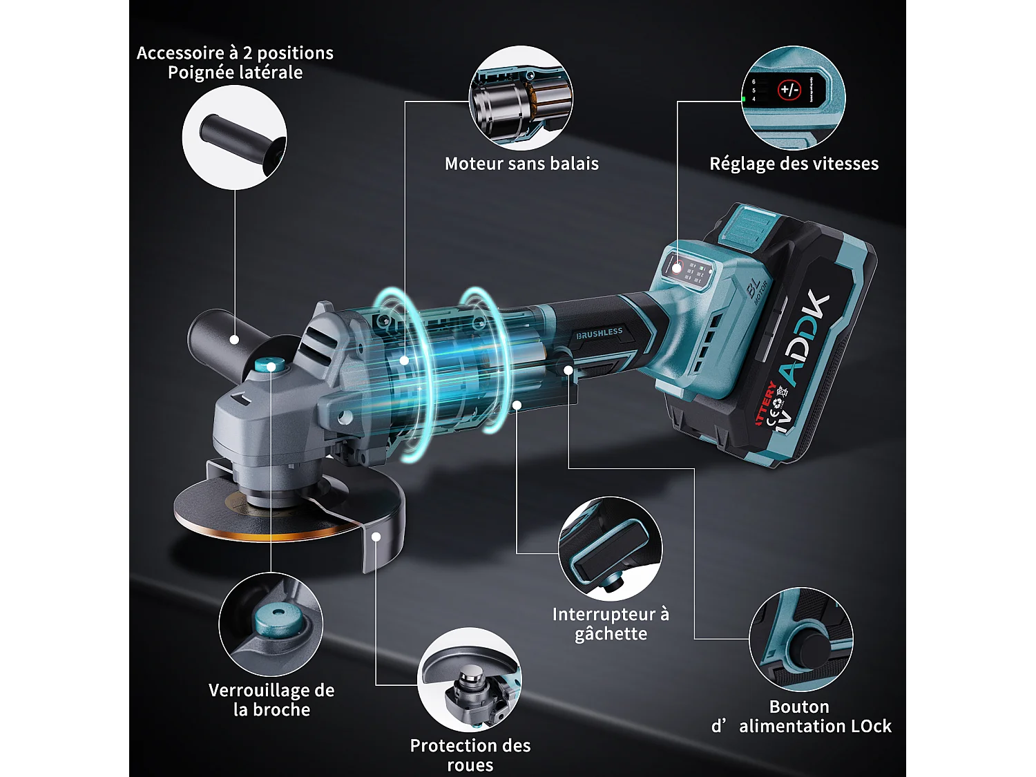 125mm snoerloze haakse slijper - 2x 21V 4.0Ah accu - 9000rpm borstelloze motor - 6 instelbare niveaus - met 13 accessoires