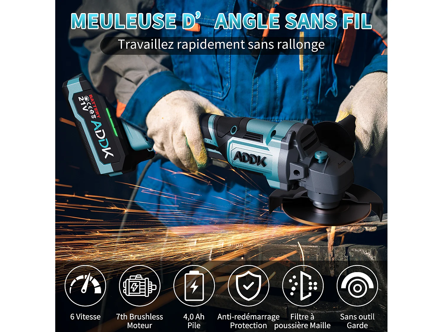 125mm snoerloze haakse slijper - 2x 21V 4.0Ah accu - 9000rpm borstelloze motor - 6 instelbare niveaus - met 13 accessoires