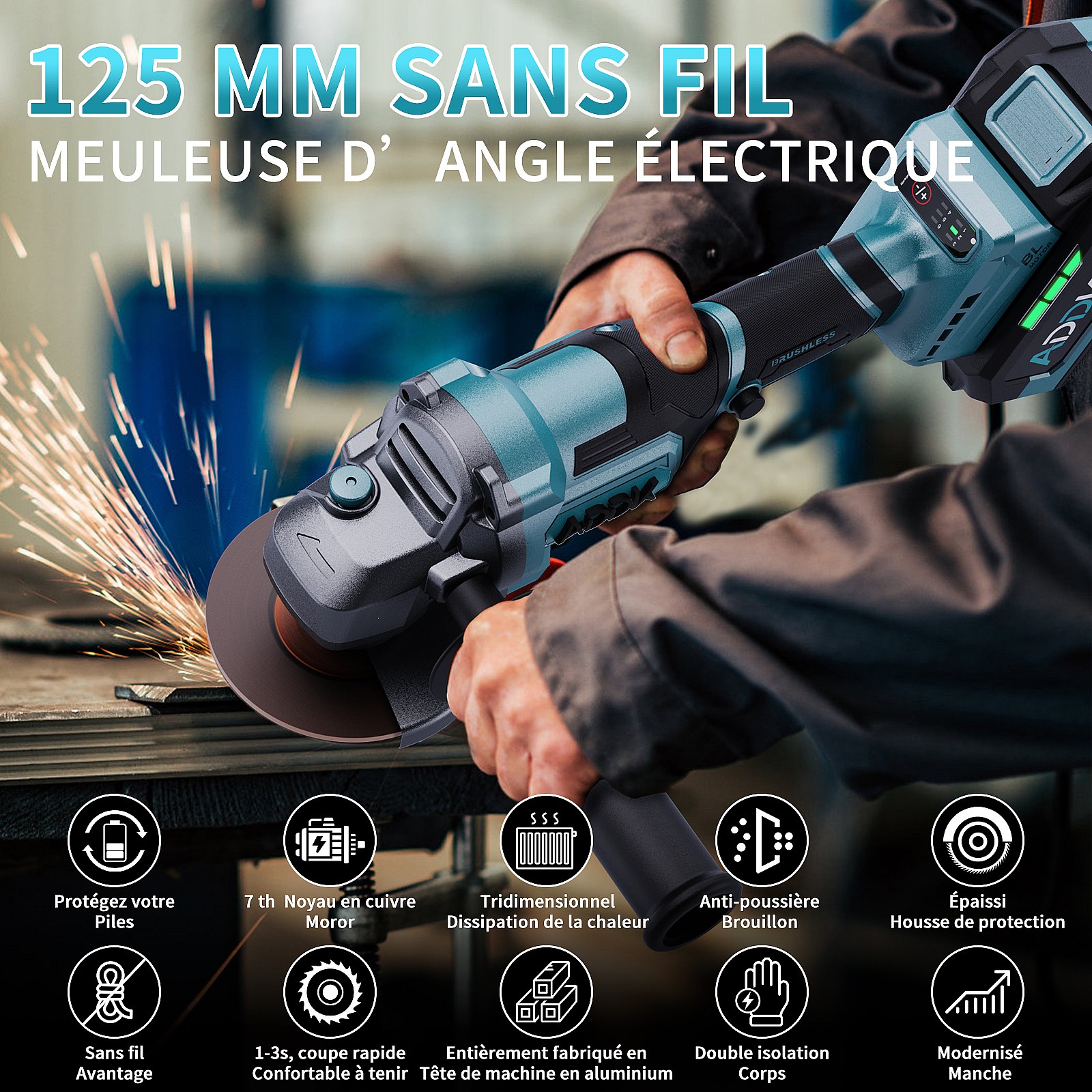 Meuleuse D'angle Sans Fil Weytoll 125mm - 21V, 9000RPM, 2 Batteries 4.0Ah, Moteur Sans Balais