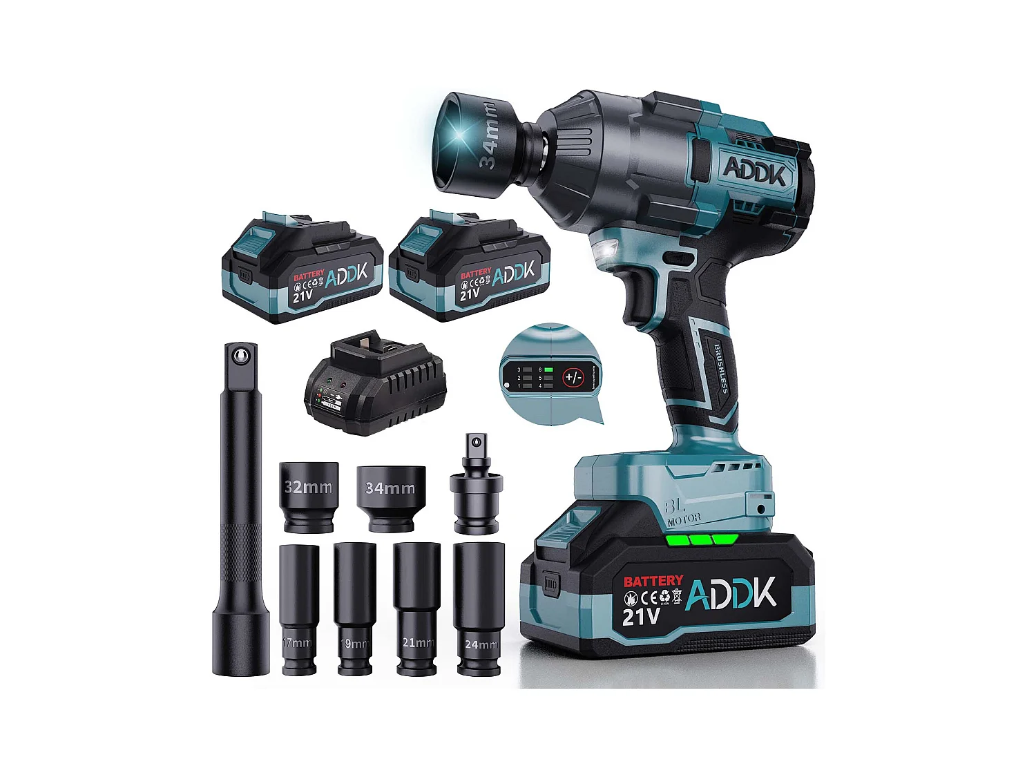 Clé à chocs sans fil Brushless, 1600Nm Boulonneuse a Choc avec 2x2.1Ah Batterie, 6 vitessse, avec 13pcs Accessoires