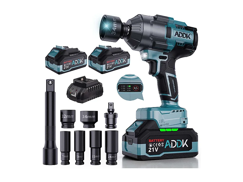 Chave de impacto sem fios sem escovas, chave de impacto de 1600 Nm com bateria de 2x2,1 Ah, 6 velocidades, com 13 acessórios