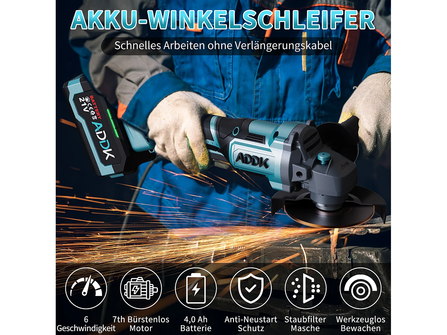 125mm snoerloze haakse slijper - 1x 21V 4.0Ah accu - 9.000rpm borstelloze motor - 6 instelbare niveaus - met 9 accessoires