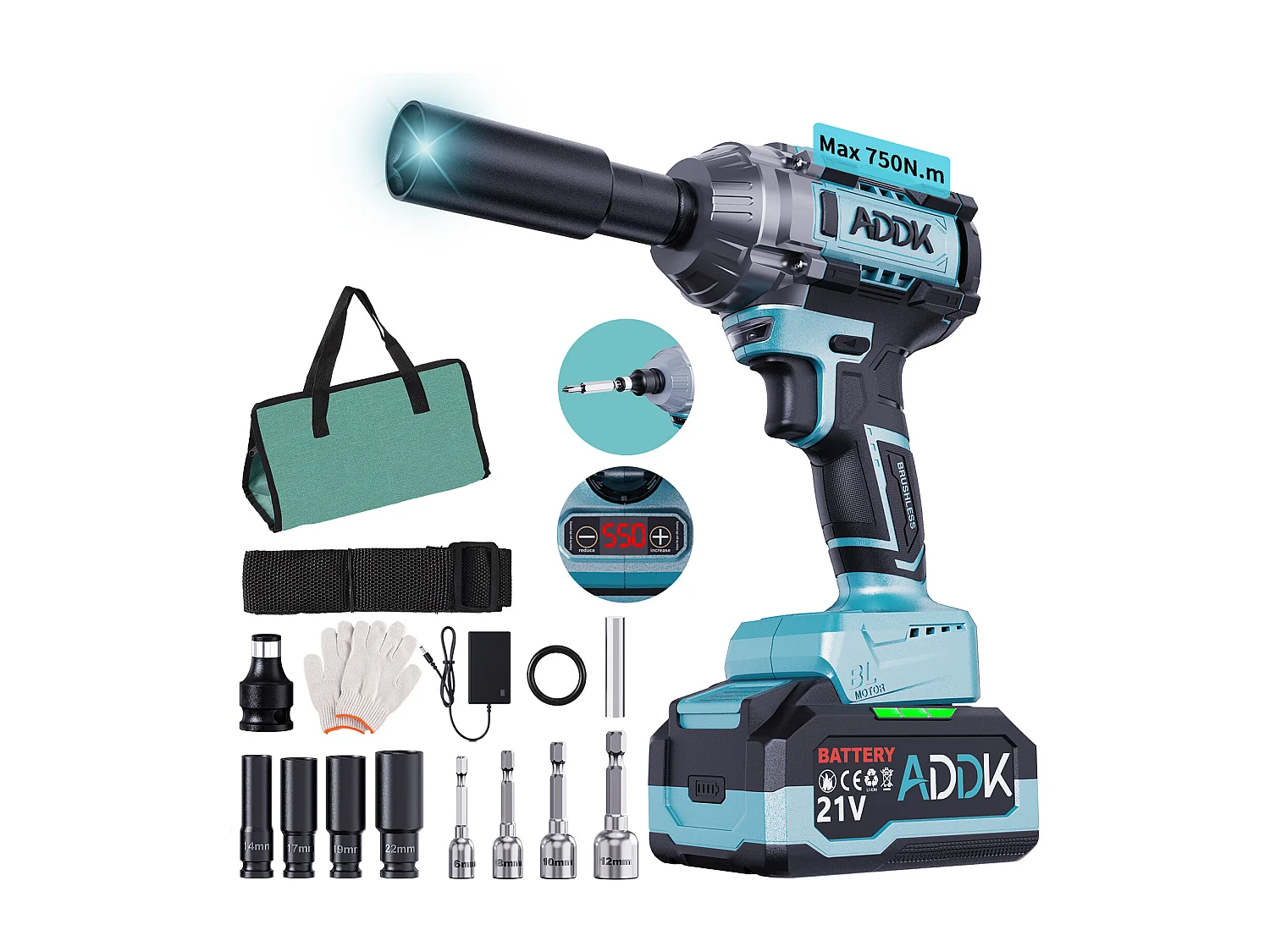 Clé à chocs sans fil Brushless, 750Nm Boulonneuse a Choc avec 4.0Ah Batterie, 6 vitesses 3300 tr/min Clé à chocs rotative