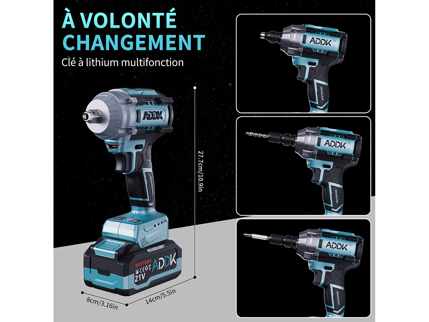 Clé à chocs sans fil Brushless, 750Nm Boulonneuse a Choc avec 4.0Ah Batterie, 6 vitesses 3300 tr/min Clé à chocs rotative