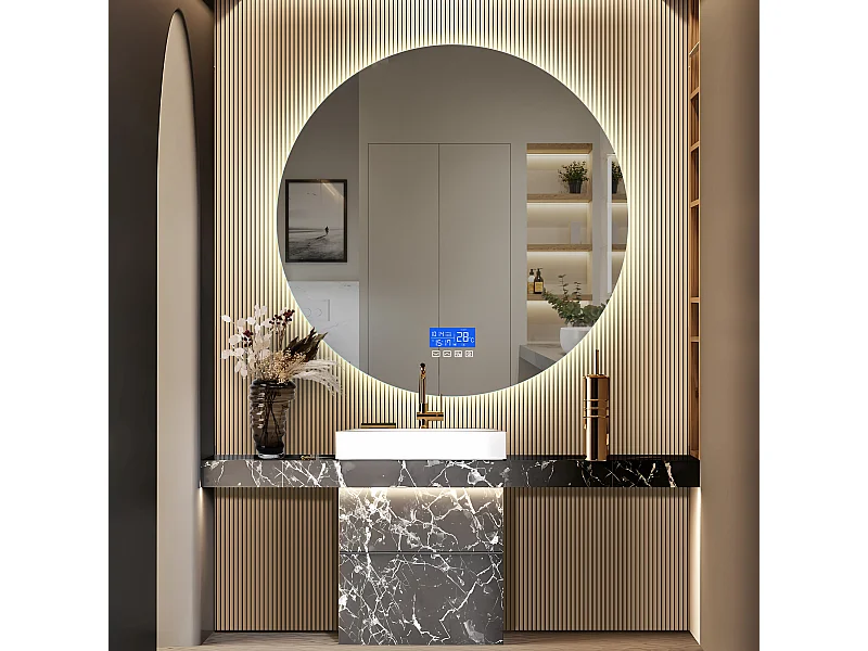 Miroir de salle de bain désembué sans cadre affichage de la température, 3 niveaux de luminosité, rond, diamètre 100cm