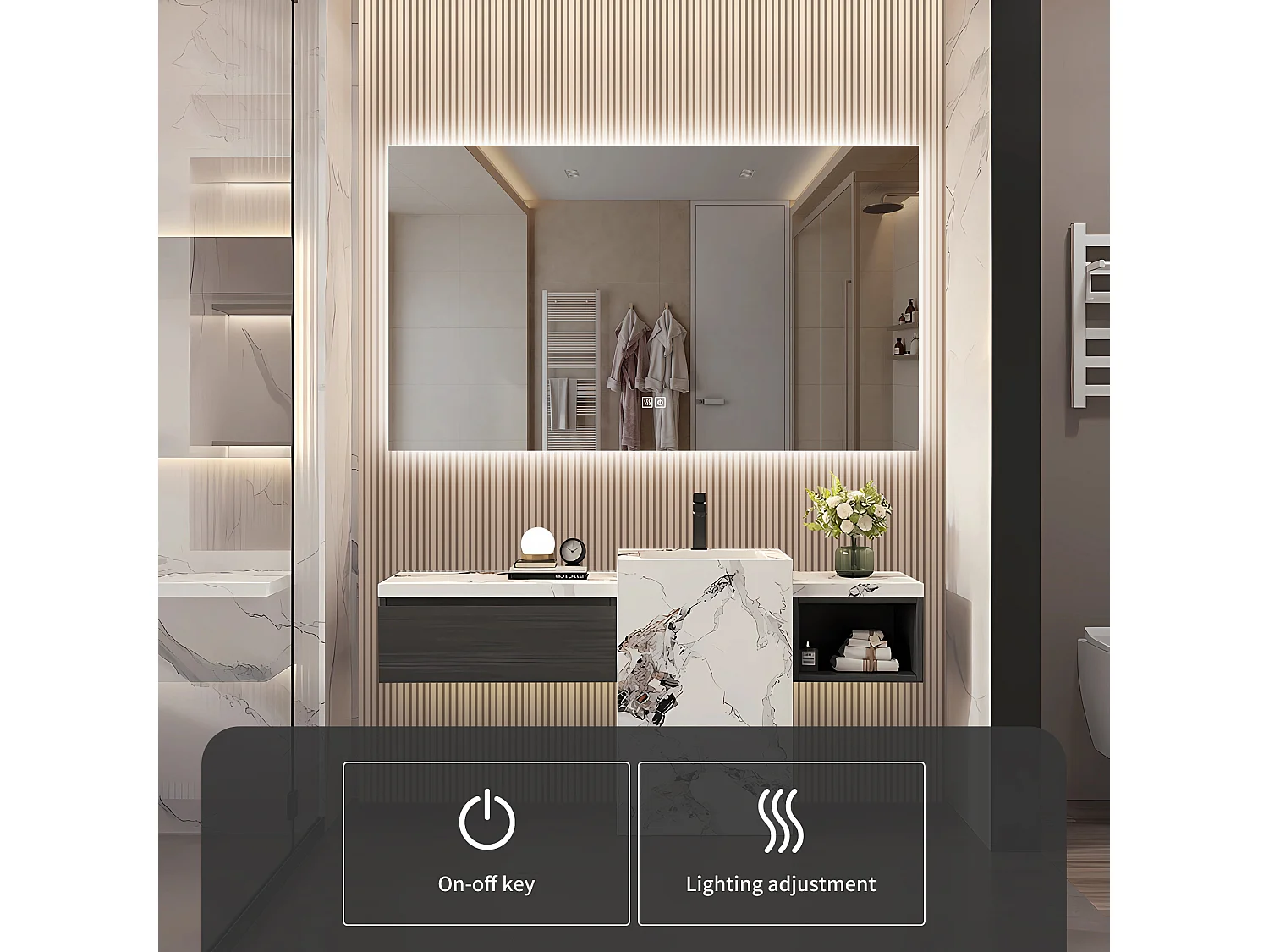 Miroir Salle de Bain LED - Miroir Mural Lumineux Anti Buée 3 Luminosités, Sans Cadre, Sans Ponçage, - Rectangle 80x140cm