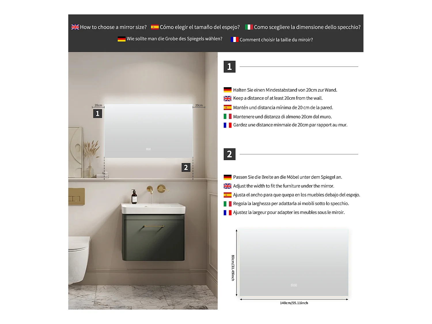 LED Badkamerspiegel - Verlichte Anti-Fog Wandspiegel 3 Helderheden, Frameloos, Geen Schuren, - Rechthoek 80x140cm