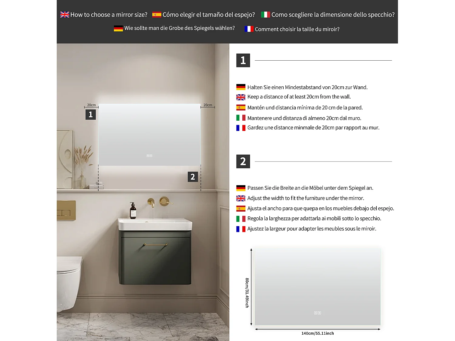 Miroir Salle de Bain LED - Miroir Mural Lumineux Anti Buée 3 Luminosités, Sans Cadre, Sans Ponçage, - Rectangle 80x140cm