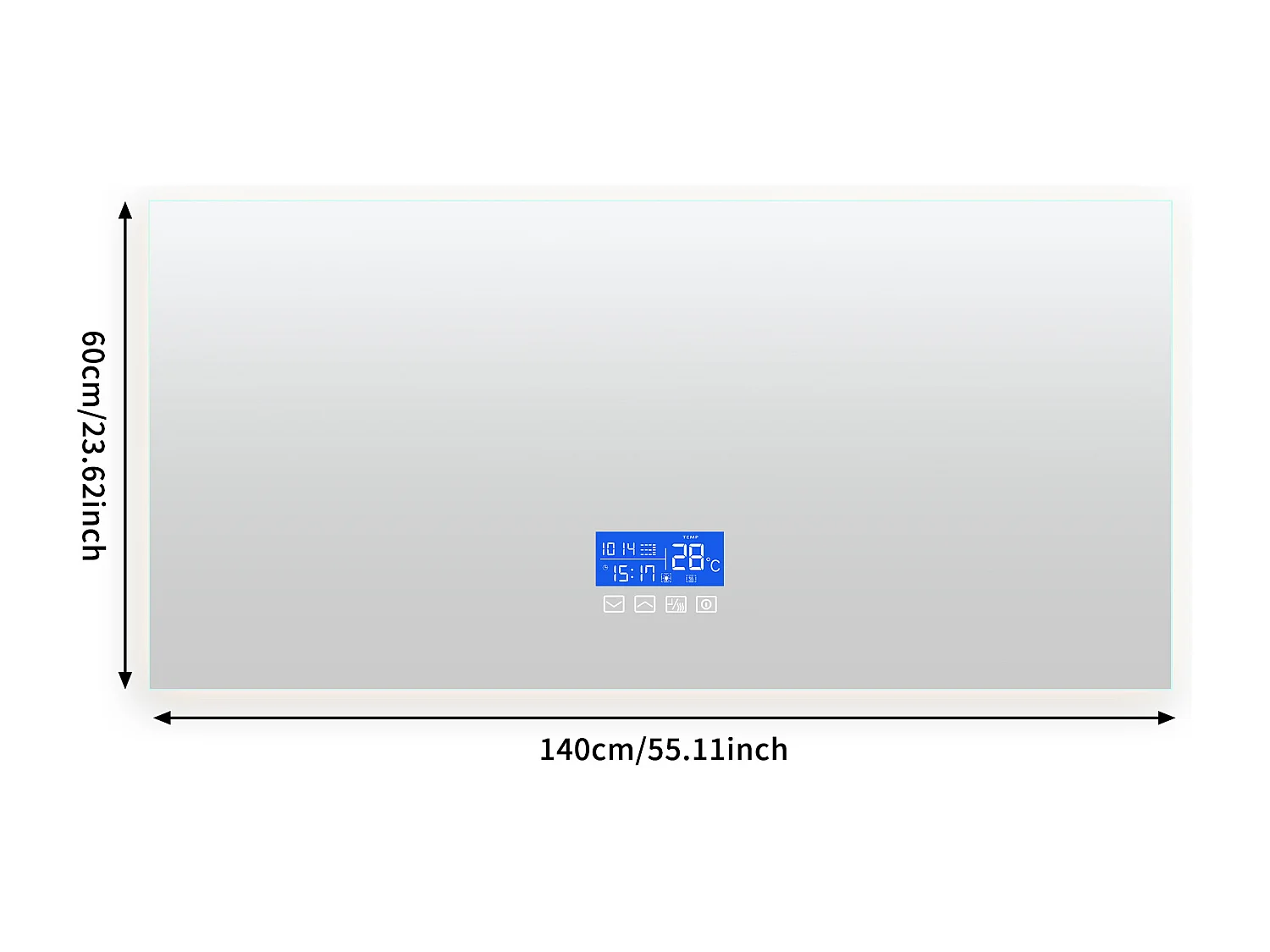 Verlichte badkamerspiegel vierkant 60x140 cm, met temperatuurweergave, ontwasemingsfunctie, drie helderheidsniveaus, aanraakschakelaar