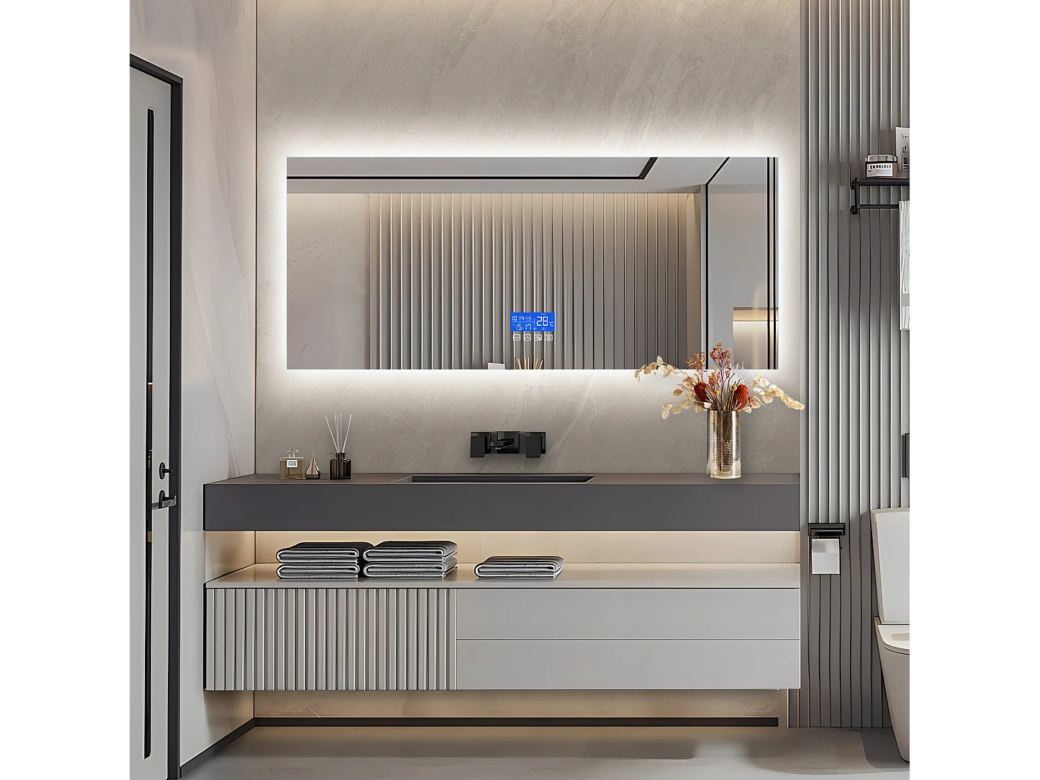 Verlichte badkamerspiegel vierkant 60x140 cm, met temperatuurweergave, ontwasemingsfunctie, drie helderheidsniveaus, aanraakschakelaar