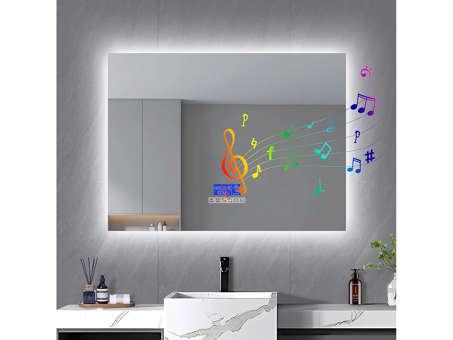 Rund belyst badrumsspegel 80x100 cm, med Bluetooth-högtalare, temperaturdisplay och imavfuktningsfunktion, LED-belysning, sexknappskontroll och touchknapp