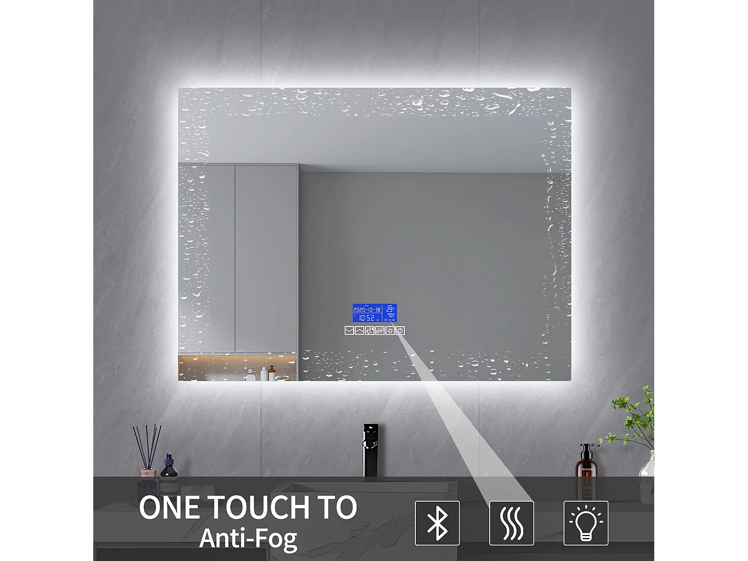 Rund belyst badrumsspegel 80x100 cm, med Bluetooth-högtalare, temperaturdisplay och imavfuktningsfunktion, LED-belysning, sexknappskontroll och touchknapp