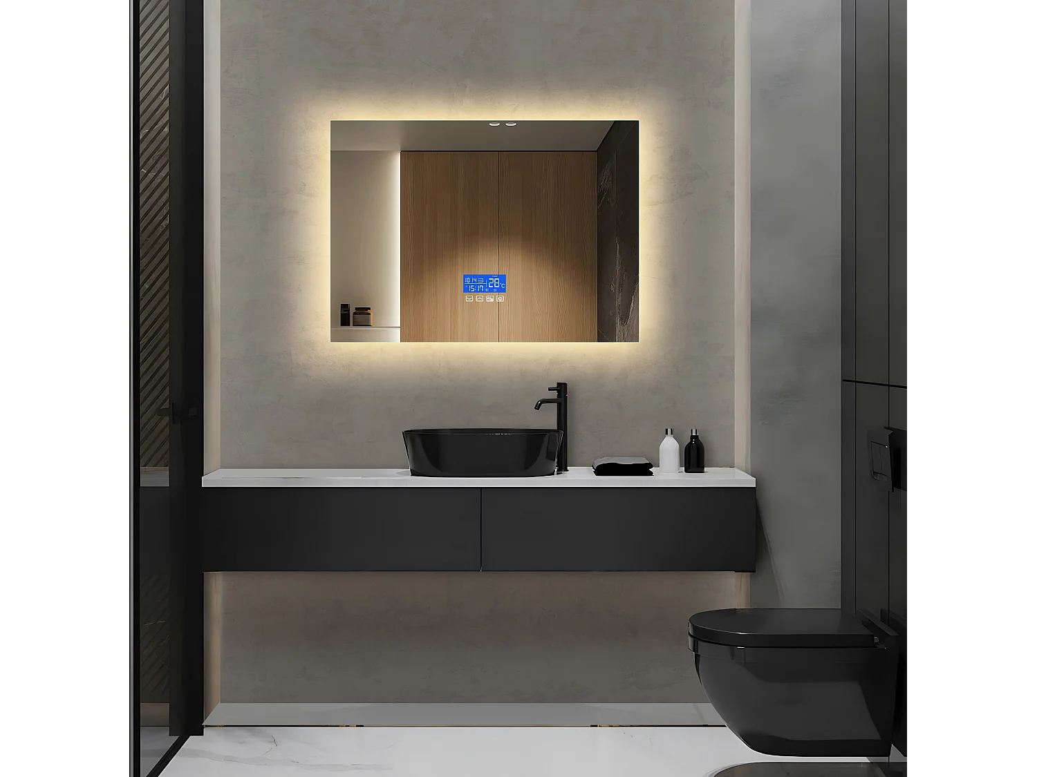 50x70 cm vierkante verlichte badkamerspiegel, met temperatuurweergave, ontwasemingsfunctie, drie helderheidsniveaus, aanraakschakelaar