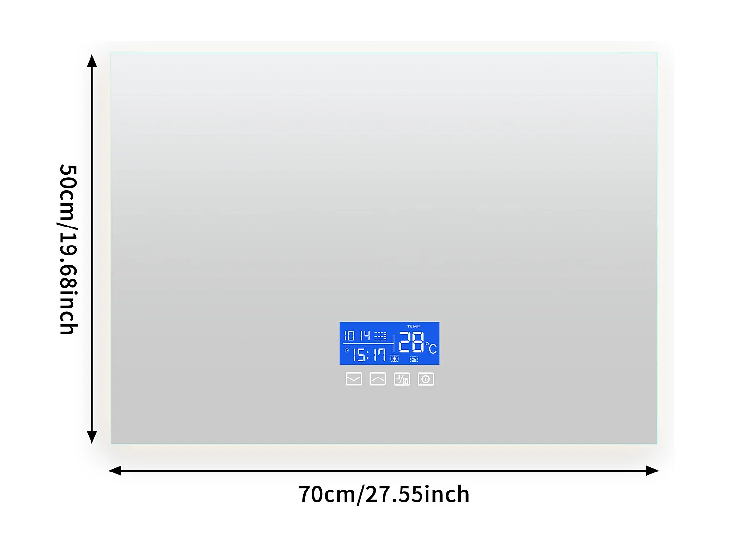 50x70 cm vierkante verlichte badkamerspiegel, met temperatuurweergave, ontwasemingsfunctie, drie helderheidsniveaus, aanraakschakelaar