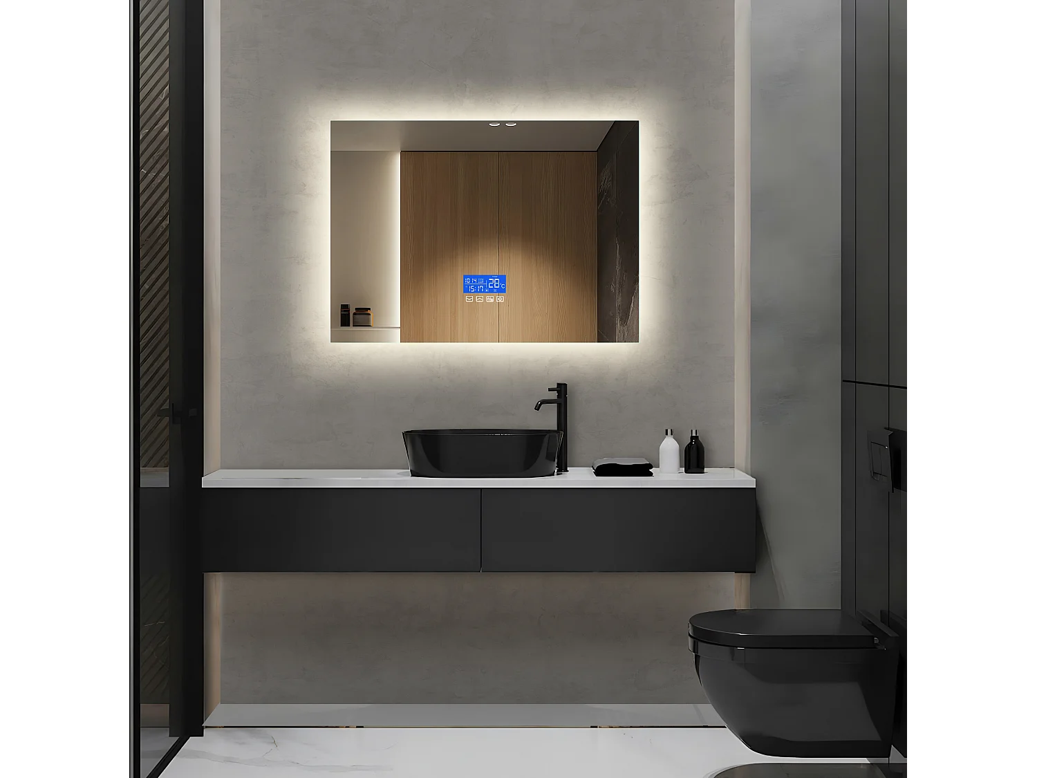 50x70 cm vierkante verlichte badkamerspiegel, met temperatuurweergave, ontwasemingsfunctie, drie helderheidsniveaus, aanraakschakelaar