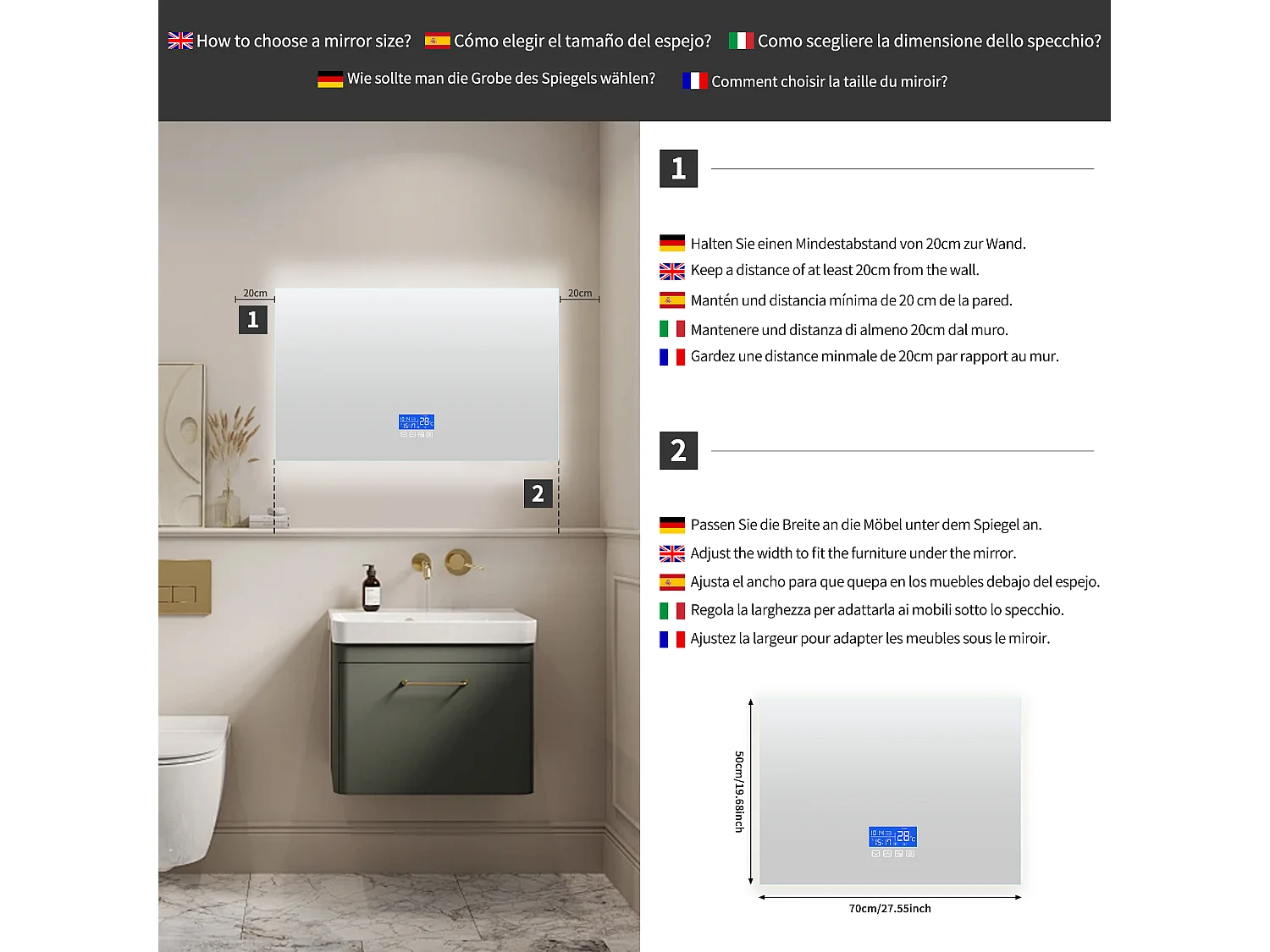 50x70 cm vierkante verlichte badkamerspiegel, met temperatuurweergave, ontwasemingsfunctie, drie helderheidsniveaus, aanraakschakelaar