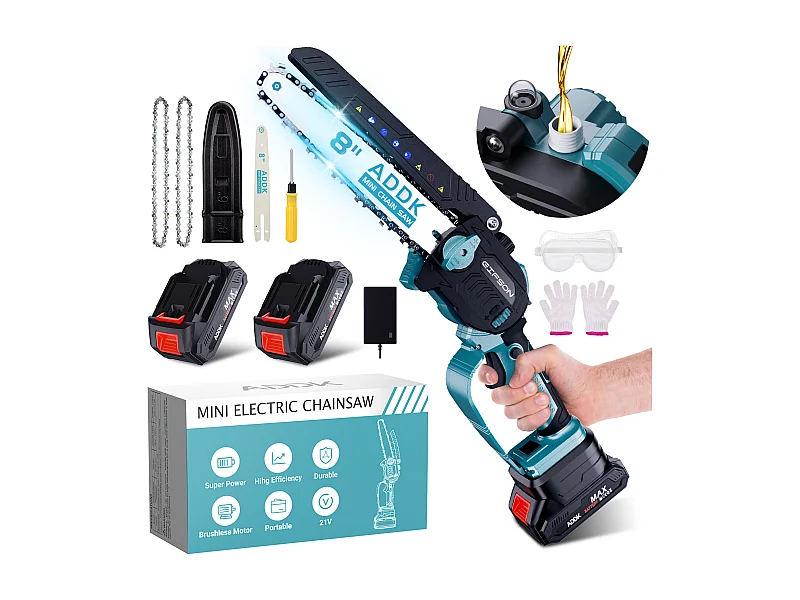Kettensäge, 8-Zoll-Mini-Säge, 21 V, 450 W, tragbare Mini-Holzsäge, 8-Zoll-Elektro-Kettensäge, 4 Kettensägen – Blau