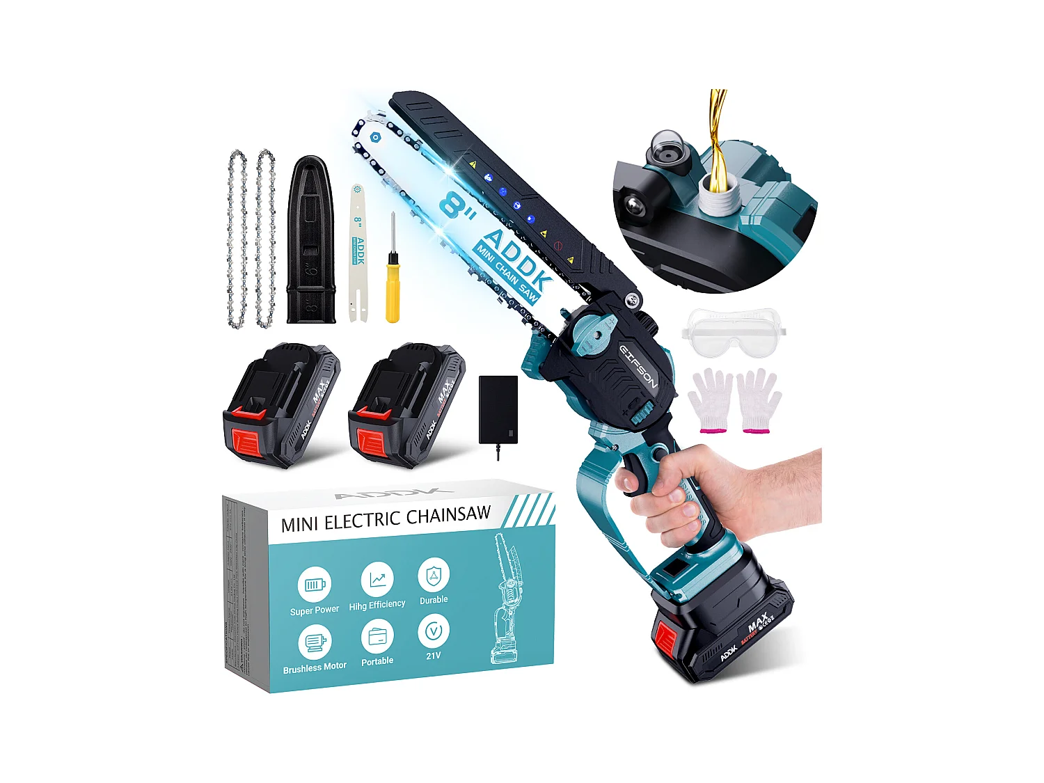 Tronçonneuse, mini scie 8", mini scie à bois portable 21 V 450 W, tronçonneuse électrique 8", 4 tronçonneuses – Bleu