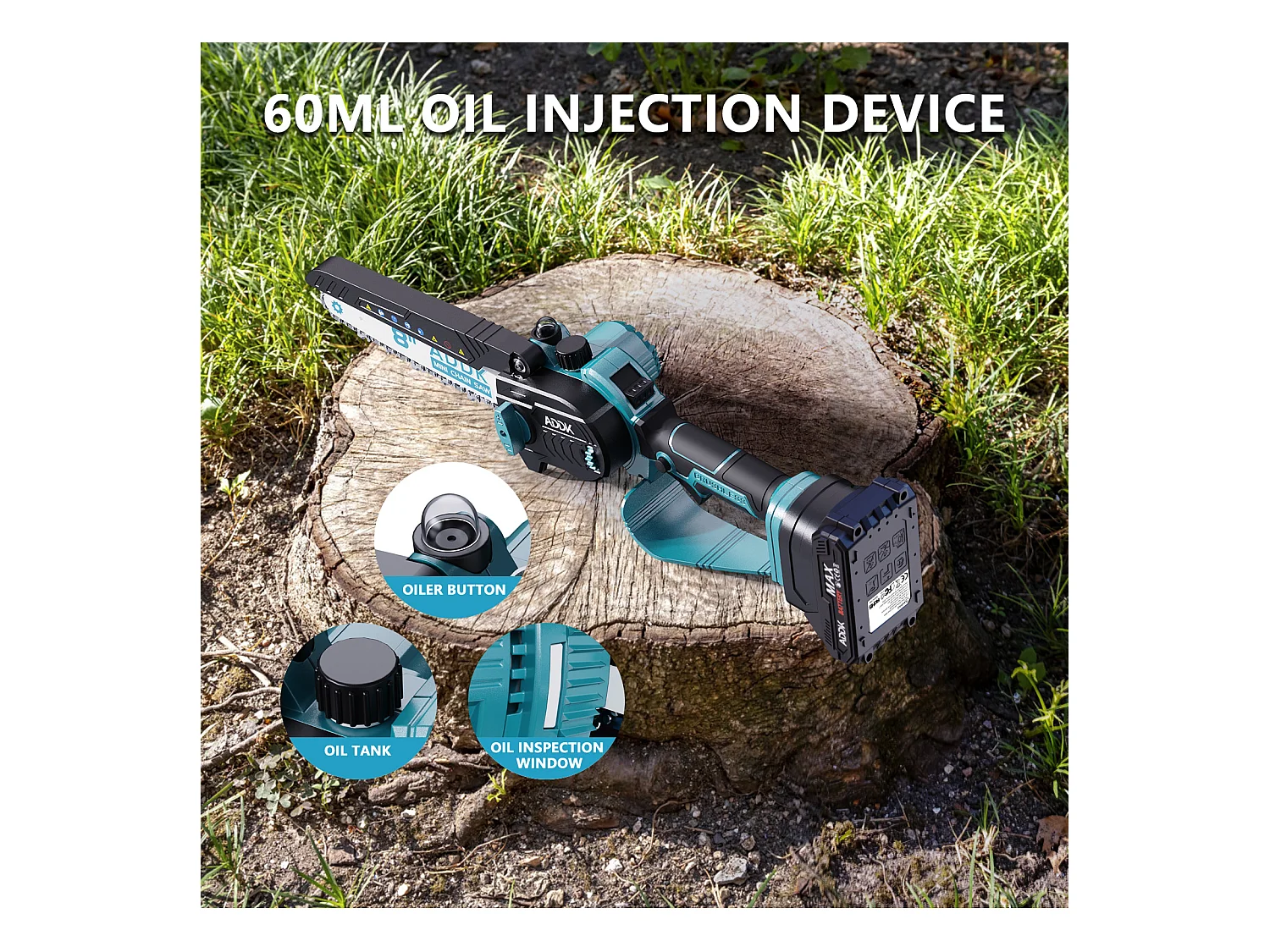 Kettensäge, 8-Zoll-Mini-Säge, 21 V, 450 W, tragbare Mini-Holzsäge, 8-Zoll-Elektro-Kettensäge, 4 Kettensägen – Blau