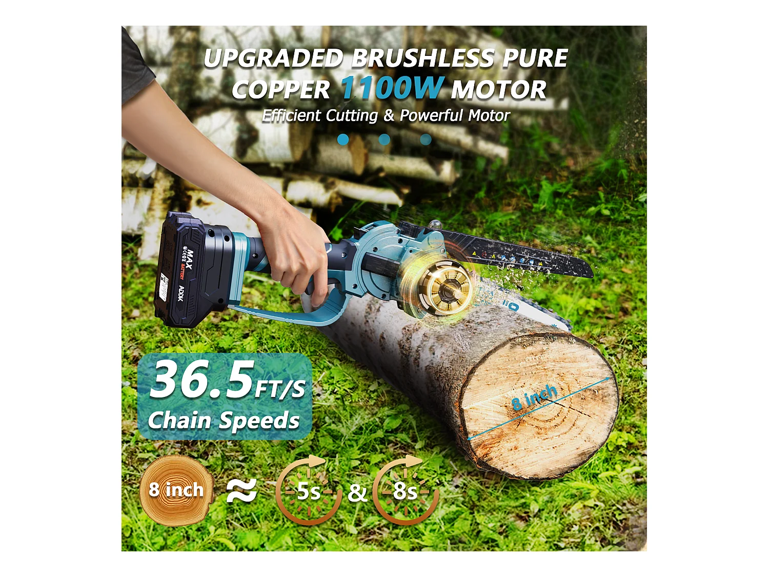 Kettensäge, 8-Zoll-Mini-Säge, 21 V, 450 W, tragbare Mini-Holzsäge, 8-Zoll-Elektro-Kettensäge, 4 Kettensägen – Blau