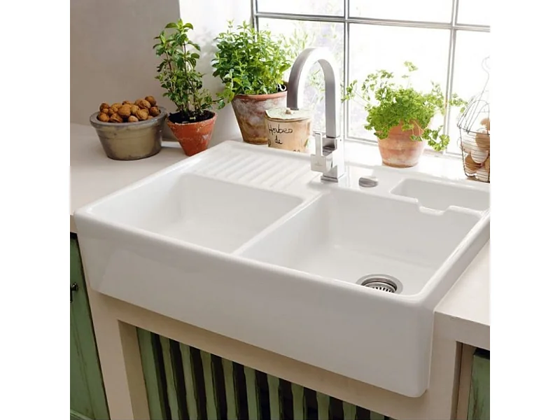 Evier timbre d'office VILLEROY ET BOCH Tradition 2 bacs 89,5 x 63 céramique vidage manuel blanc