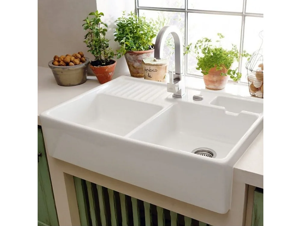 Evier timbre d'office VILLEROY ET BOCH Tradition 2 bacs 89,5 x 63 céramique vidage manuel blanc