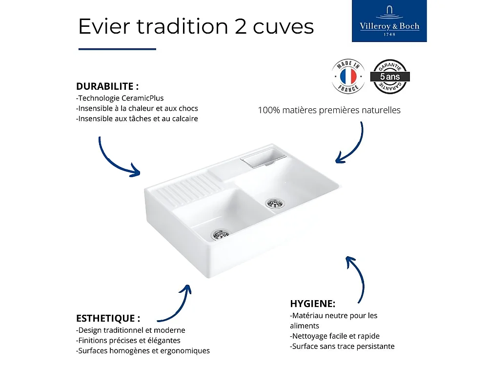 Evier timbre d'office VILLEROY ET BOCH Tradition 2 bacs 89,5 x 63 céramique vidage manuel blanc