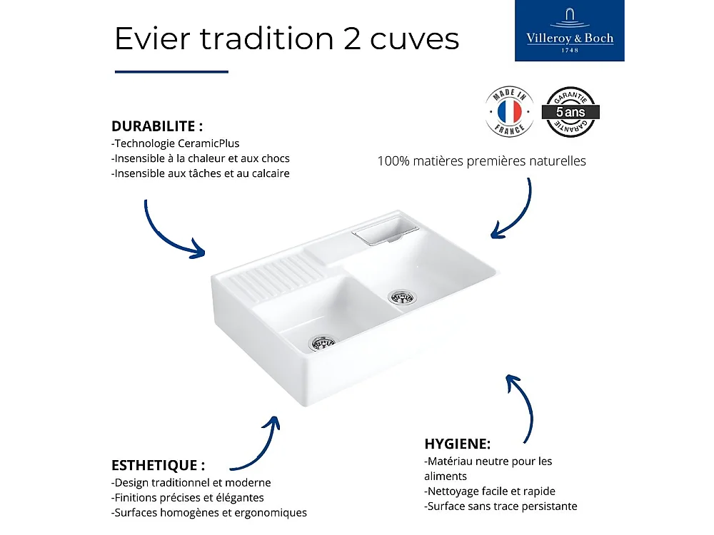 Evier timbre d'office VILLEROY ET BOCH Tradition 2 bacs 89,5 x 63 céramique vidage manuel blanc