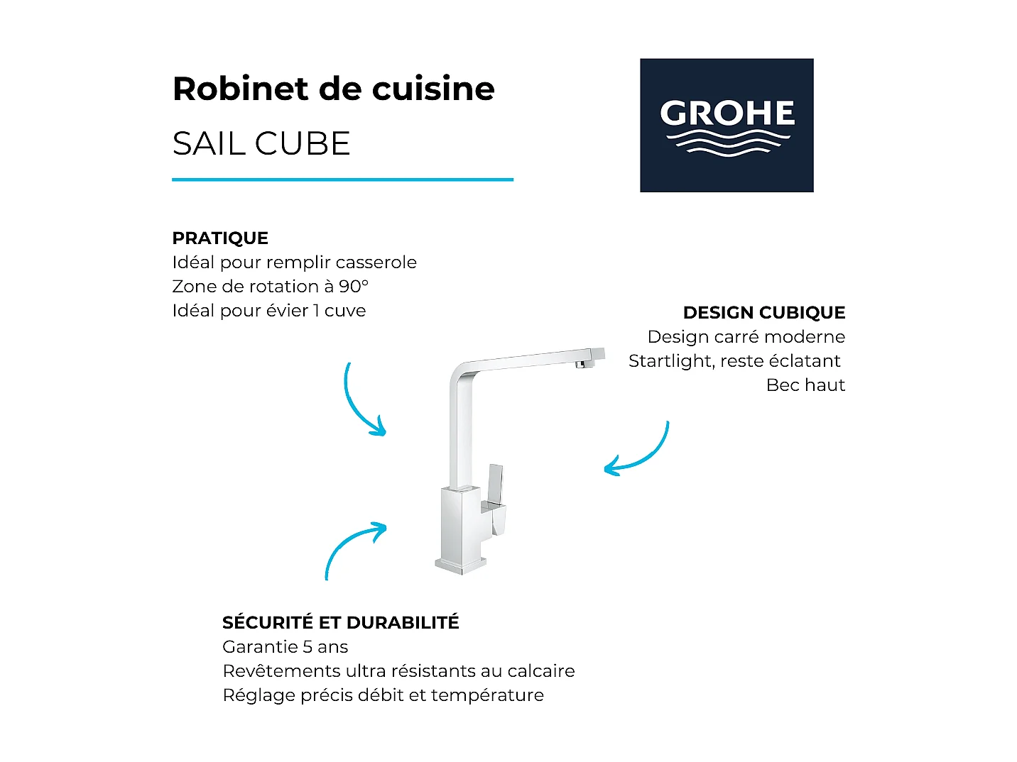 Küchenarmatur GROHE Sail Cube Quickfix chrom - Hoher Auslauf, kubisches Design, GROHE SilkMove, GROHE StarLight - 5 Jahre Garantie