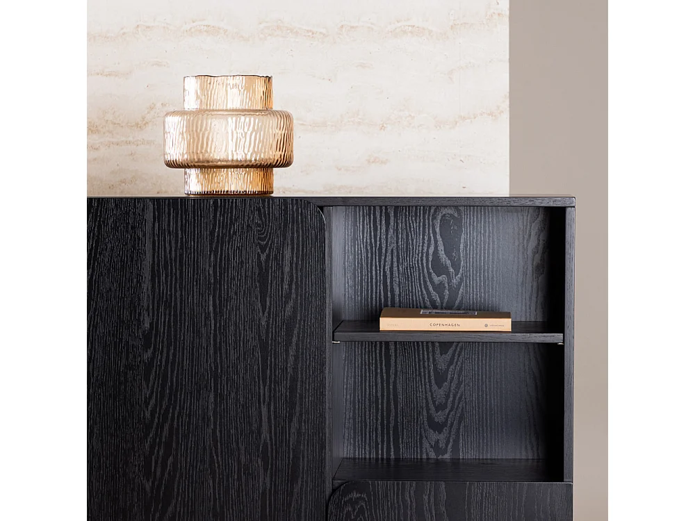 Tyreso - Buffet haut 2 portes, 2 niches en bois H110cm - Noir