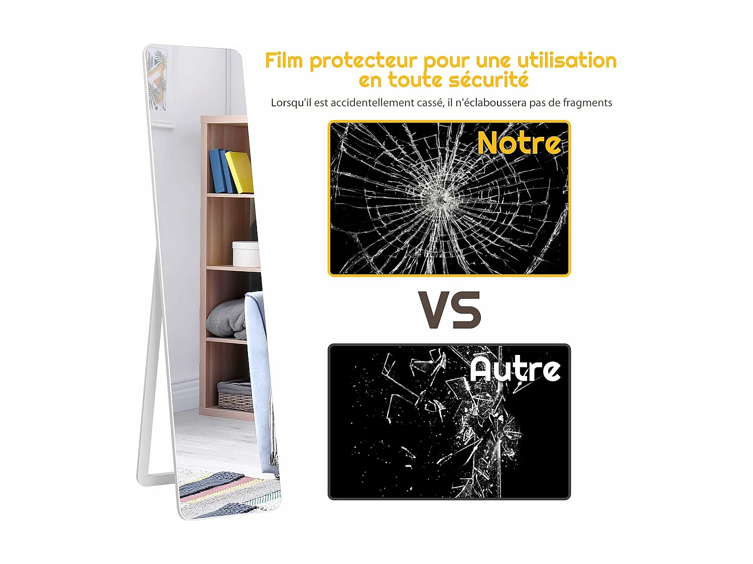 Miroir sur Pied Rectangulaire, Miroir Mural en Style Contemporain, Bord Rond, pour Chambre, Salon, Salle de Bain, 160 x 37cm, Blanc