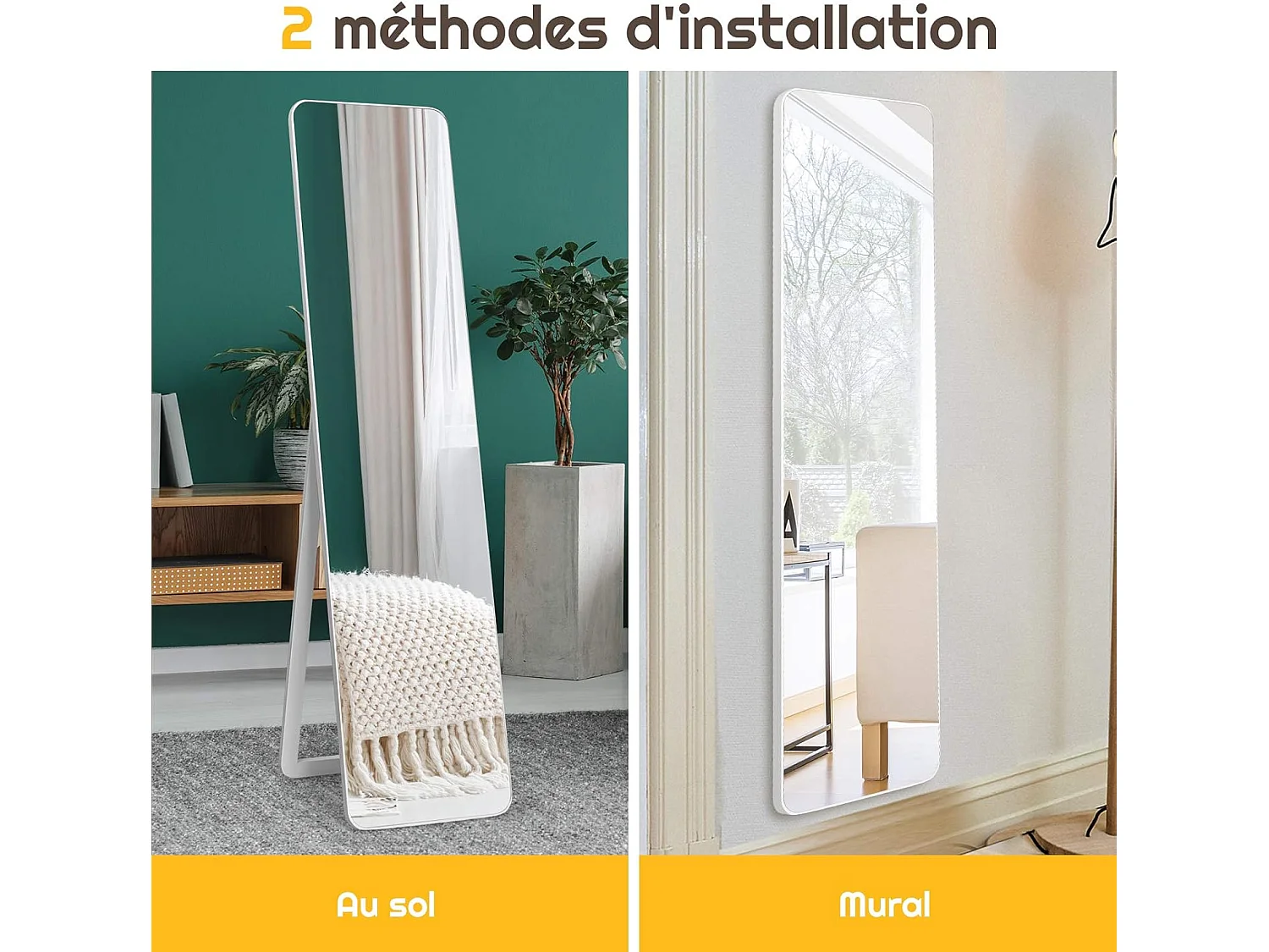 Miroir sur Pied Rectangulaire, Miroir Mural en Style Contemporain, Bord Rond, pour Chambre, Salon, Salle de Bain, 160 x 37cm, Blanc