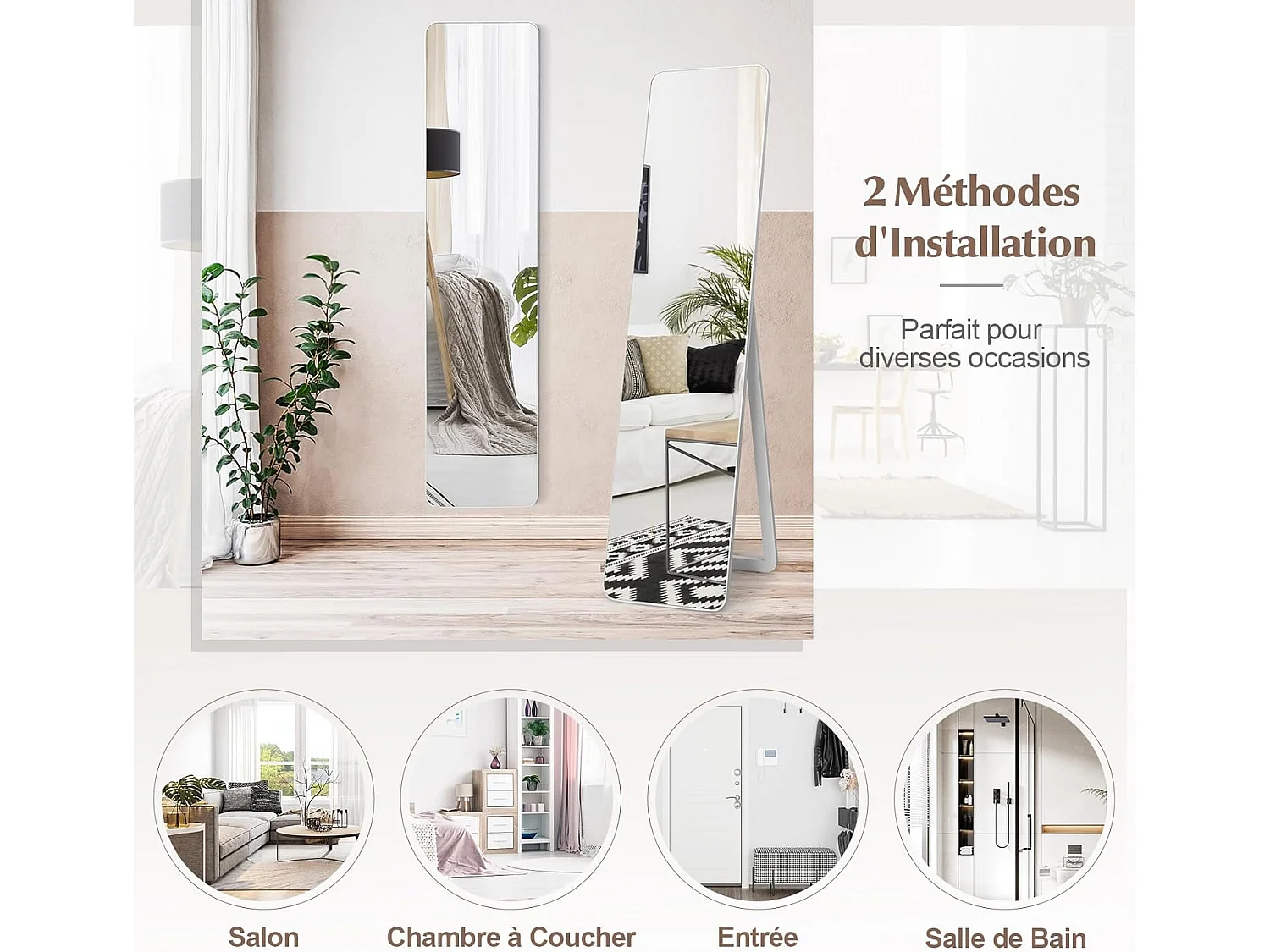 Miroir sur Pied Rectangulaire, Miroir Mural en Style Contemporain, Bord Rond, pour Chambre, Salon, Salle de Bain, 160 x 37cm, Blanc