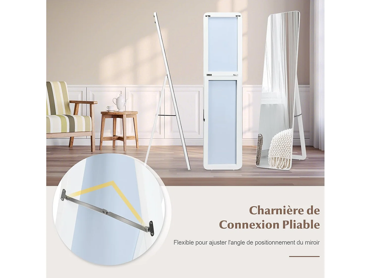 Miroir sur Pied Rectangulaire, Miroir Mural en Style Contemporain, Bord Rond, pour Chambre, Salon, Salle de Bain, 160 x 37cm, Blanc