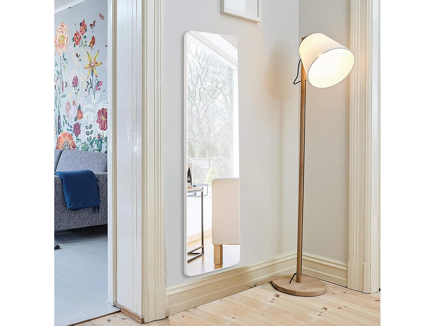 Miroir sur Pied Rectangulaire, Miroir Mural en Style Contemporain, Bord Rond, pour Chambre, Salon, Salle de Bain, 160 x 37cm, Blanc