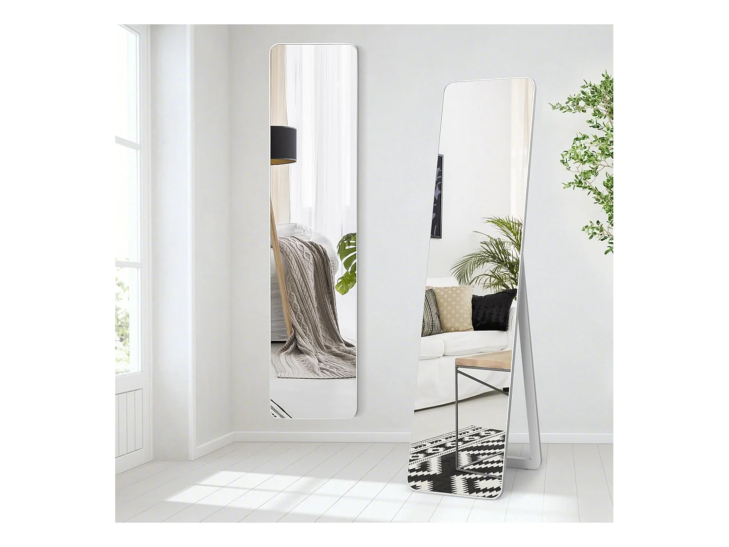 Miroir sur Pied Rectangulaire, Miroir Mural en Style Contemporain, Bord Rond, pour Chambre, Salon, Salle de Bain, 160 x 37cm, Blanc