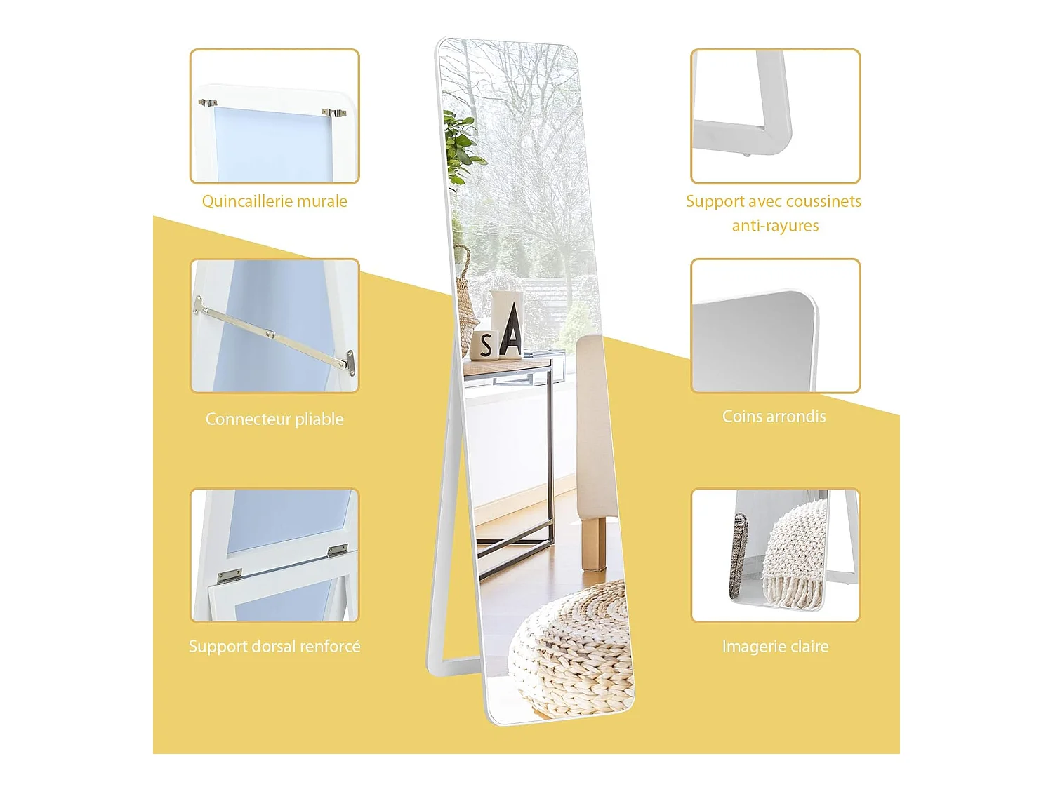 Miroir sur Pied Rectangulaire, Miroir Mural en Style Contemporain, Bord Rond, pour Chambre, Salon, Salle de Bain, 160 x 37cm, Blanc