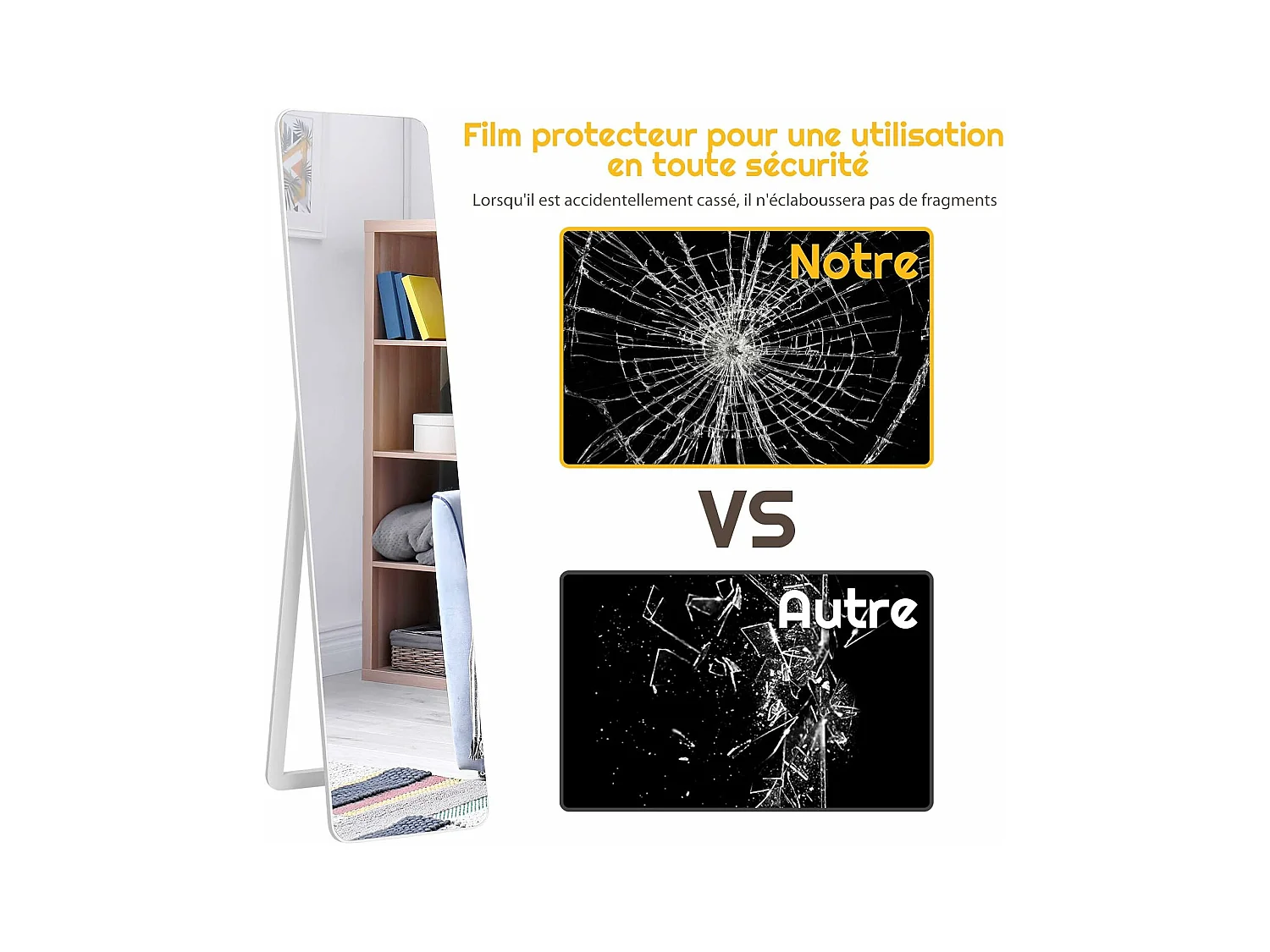 Miroir sur Pied Rectangulaire, Miroir Mural en Style Contemporain, Bord Rond, pour Chambre, Salon, Salle de Bain, 160 x 37cm, Blanc