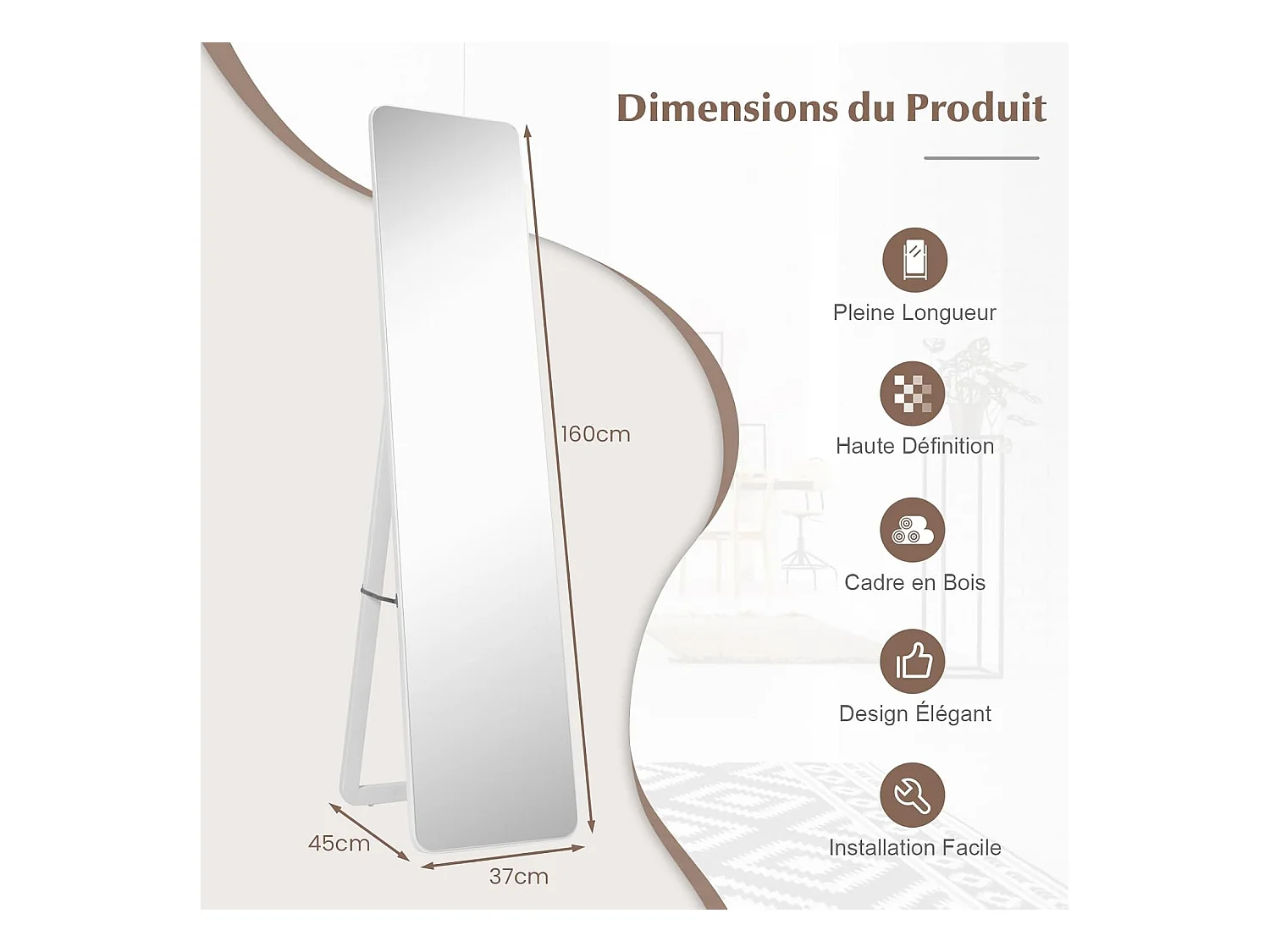 Miroir sur Pied Rectangulaire, Miroir Mural en Style Contemporain, Bord Rond, pour Chambre, Salon, Salle de Bain, 160 x 37cm, Blanc