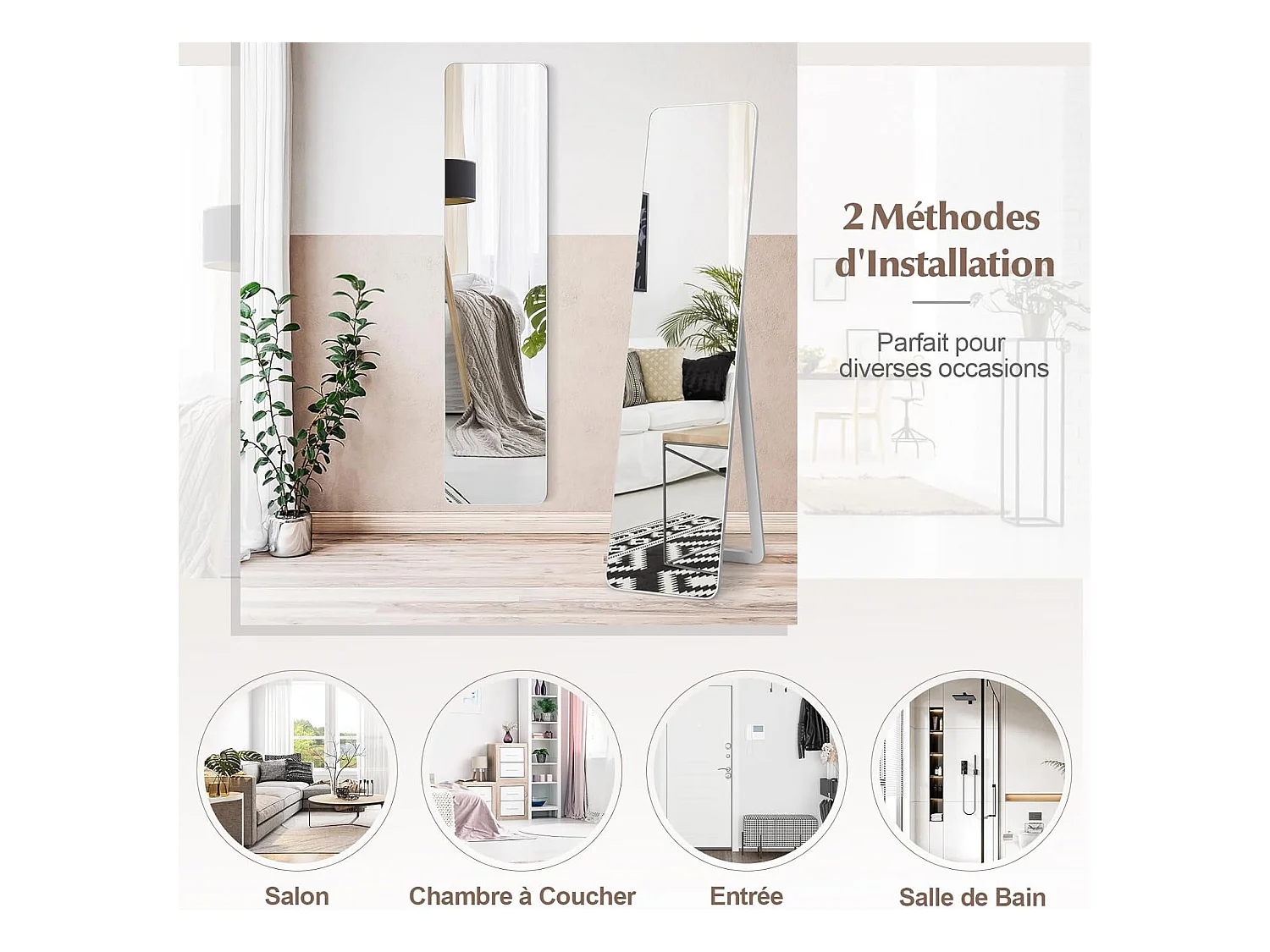 Miroir sur Pied Rectangulaire, Miroir Mural en Style Contemporain, Bord Rond, pour Chambre, Salon, Salle de Bain, 160 x 37cm, Blanc