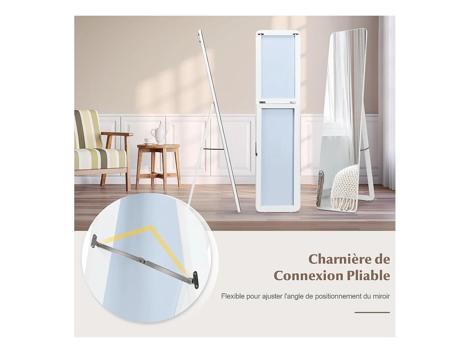 Miroir sur Pied Rectangulaire, Miroir Mural en Style Contemporain, Bord Rond, pour Chambre, Salon, Salle de Bain, 160 x 37cm, Blanc