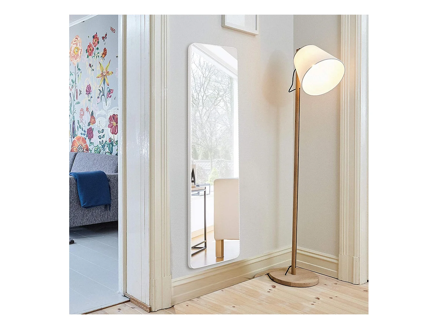 Miroir sur Pied Rectangulaire, Miroir Mural en Style Contemporain, Bord Rond, pour Chambre, Salon, Salle de Bain, 160 x 37cm, Blanc