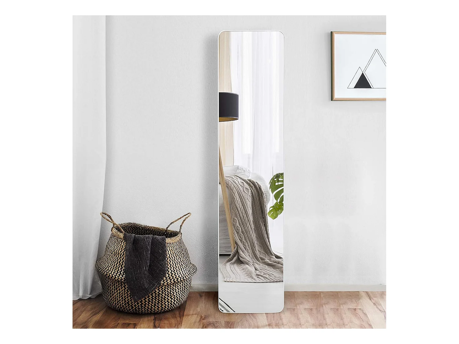 Miroir sur Pied Rectangulaire, Miroir Mural en Style Contemporain, Bord Rond, pour Chambre, Salon, Salle de Bain, 160 x 37cm, Blanc