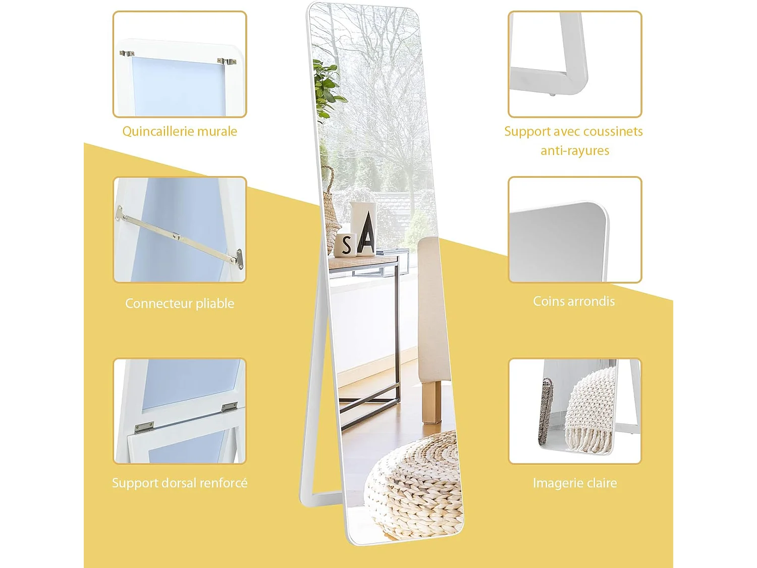 Miroir sur Pied Rectangulaire, Miroir Mural en Style Contemporain, Bord Rond, pour Chambre, Salon, Salle de Bain, 160 x 37cm, Blanc