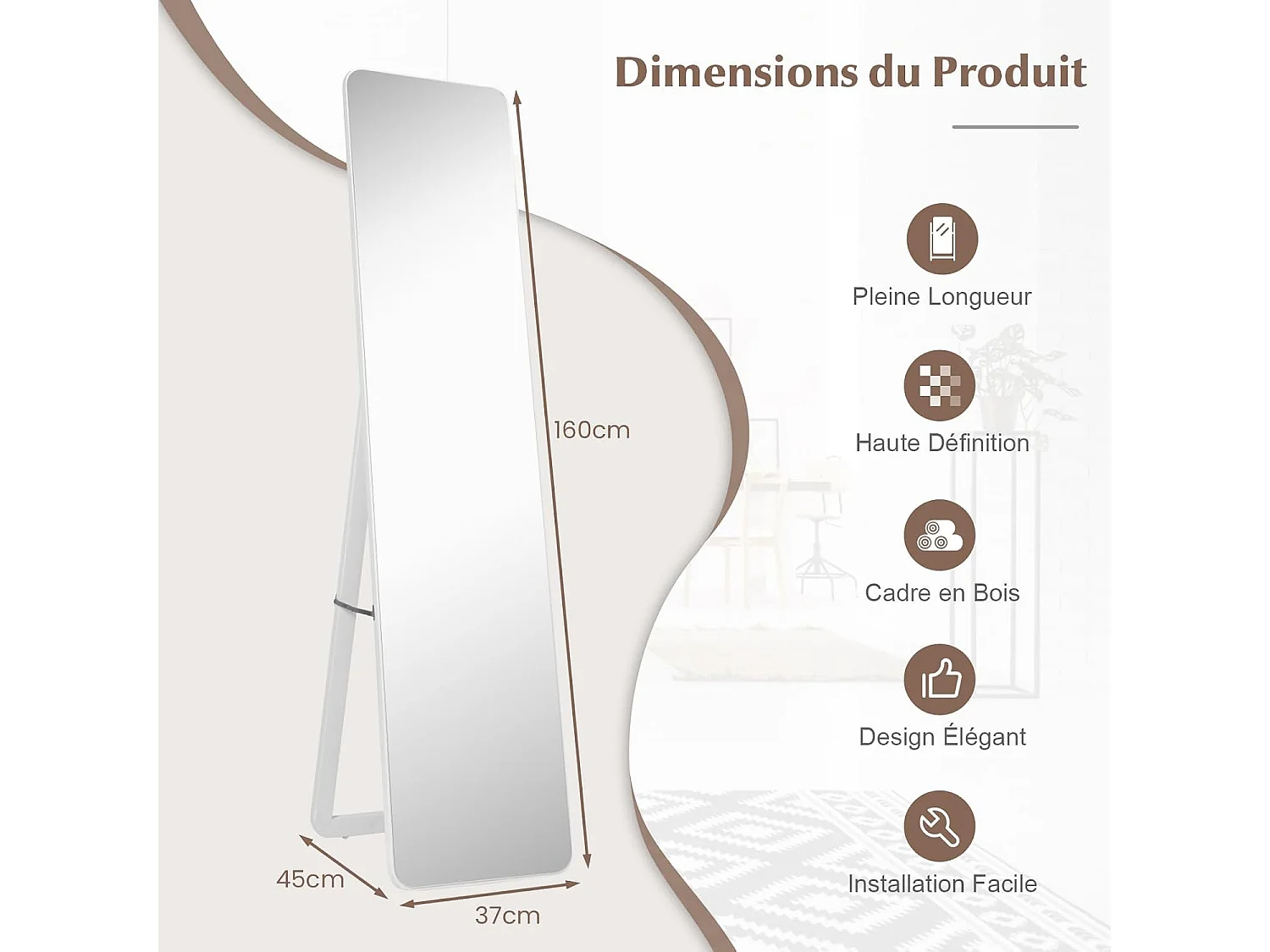 Miroir sur Pied Rectangulaire, Miroir Mural en Style Contemporain, Bord Rond, pour Chambre, Salon, Salle de Bain, 160 x 37cm, Blanc