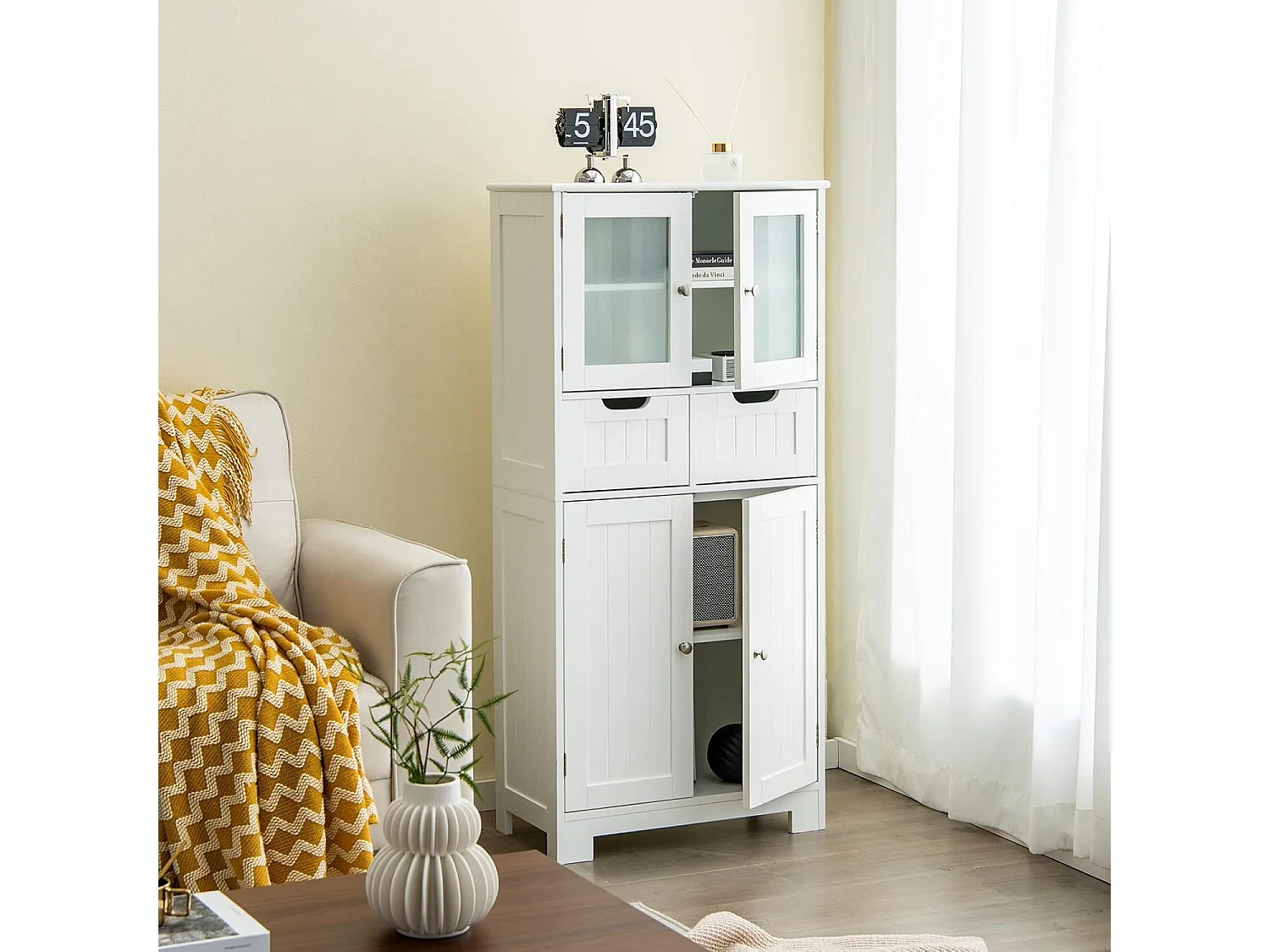 Meuble de Salle de Bain à 4 Portes 2 Tiroirs, Colonne Salle de Bain Armoire Haute avec Étagères Réglables pour Salon, Cuisine, 30 x 60 x 128 cm, Blanc